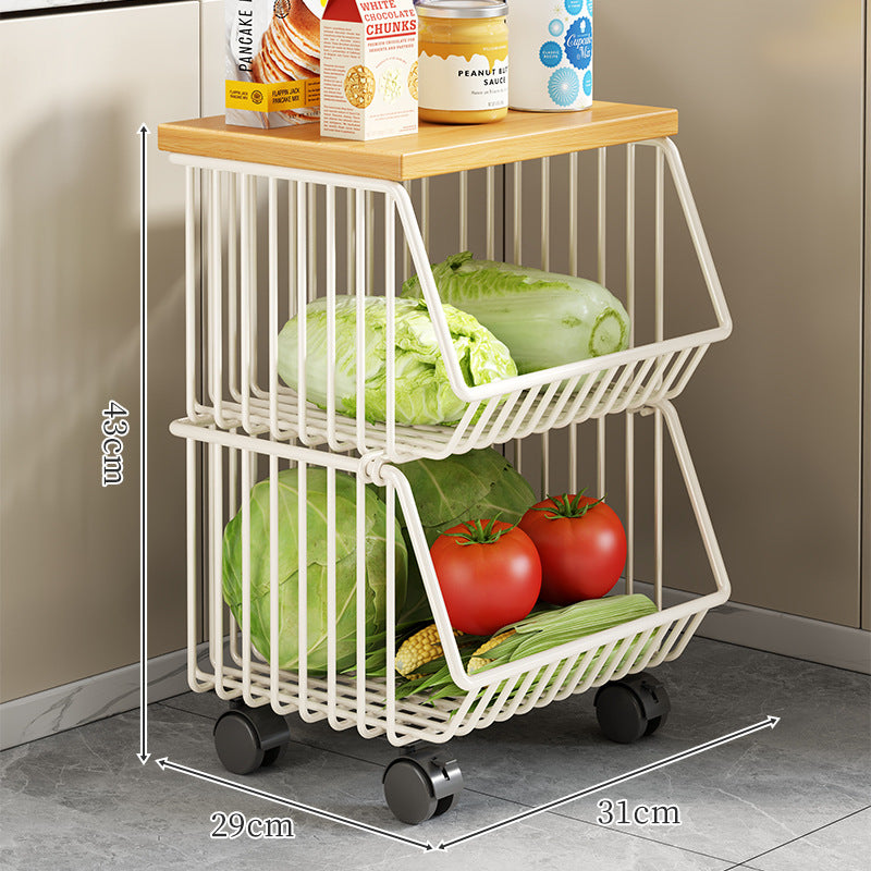 Countertop Wooden Top Metal Wire Fruit and Vegetable Storage Rack