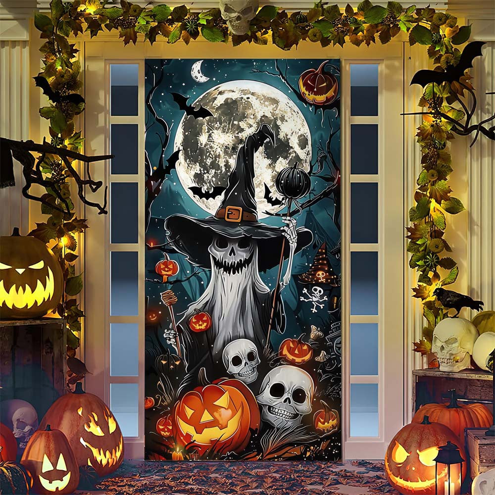Halloween door poster with large-format Grim Reaper illustration and reusable PVC tarp fabric