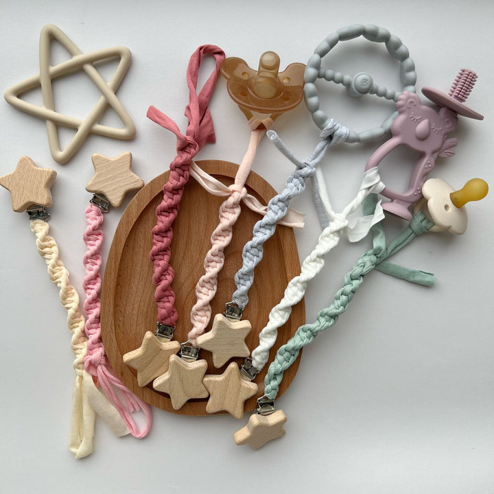 Wooden Star Pacifier Clip with Braided Cotton Strap