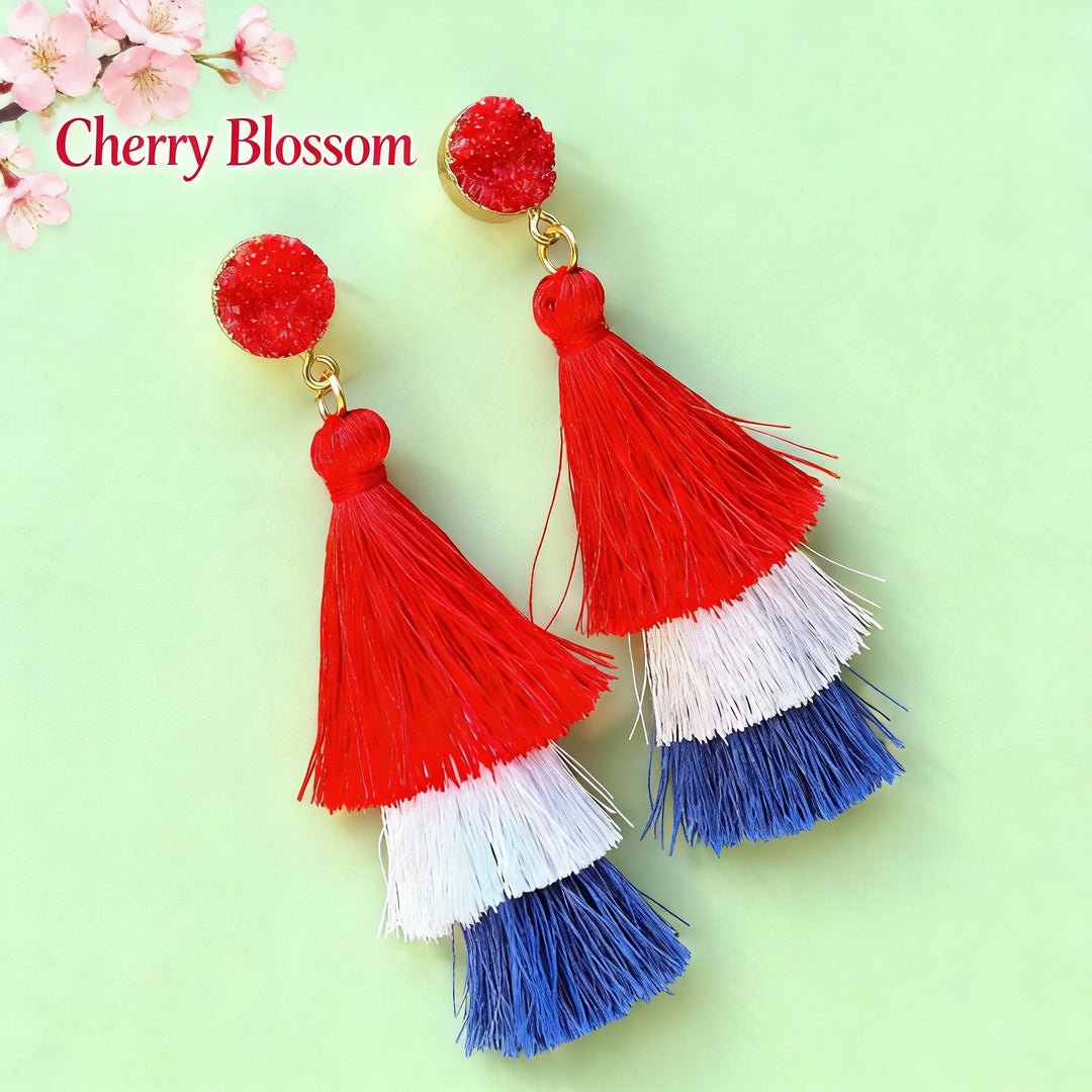 Women's nan tiered fringe tassel statement drop earrings with glitter disc stud and layered silk-like threads Kalsten