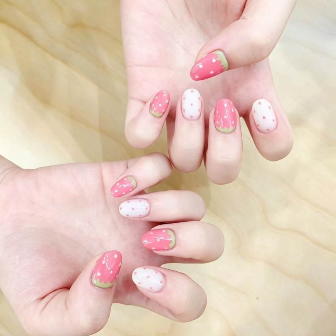 Strawberry-Themed Acrylic Nail Extensions