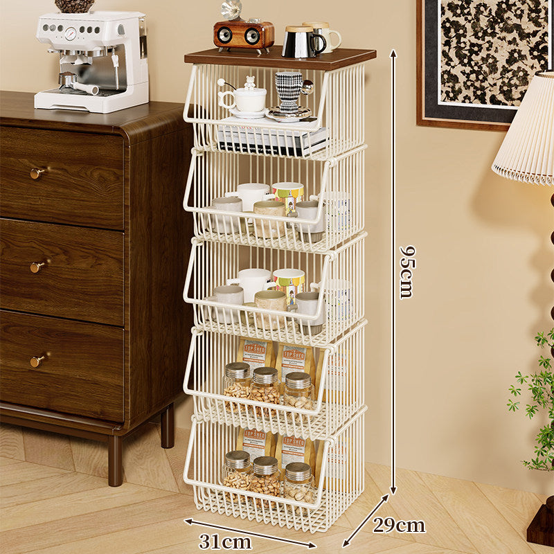 Mobile Four-Tier Kitchen Pantry Organizer Cart with Wood Top and Rolling Wire Baskets
