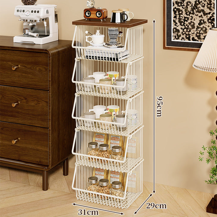Mobile Four-Tier Kitchen Pantry Organizer Cart with Wood Top and Rolling Wire Baskets