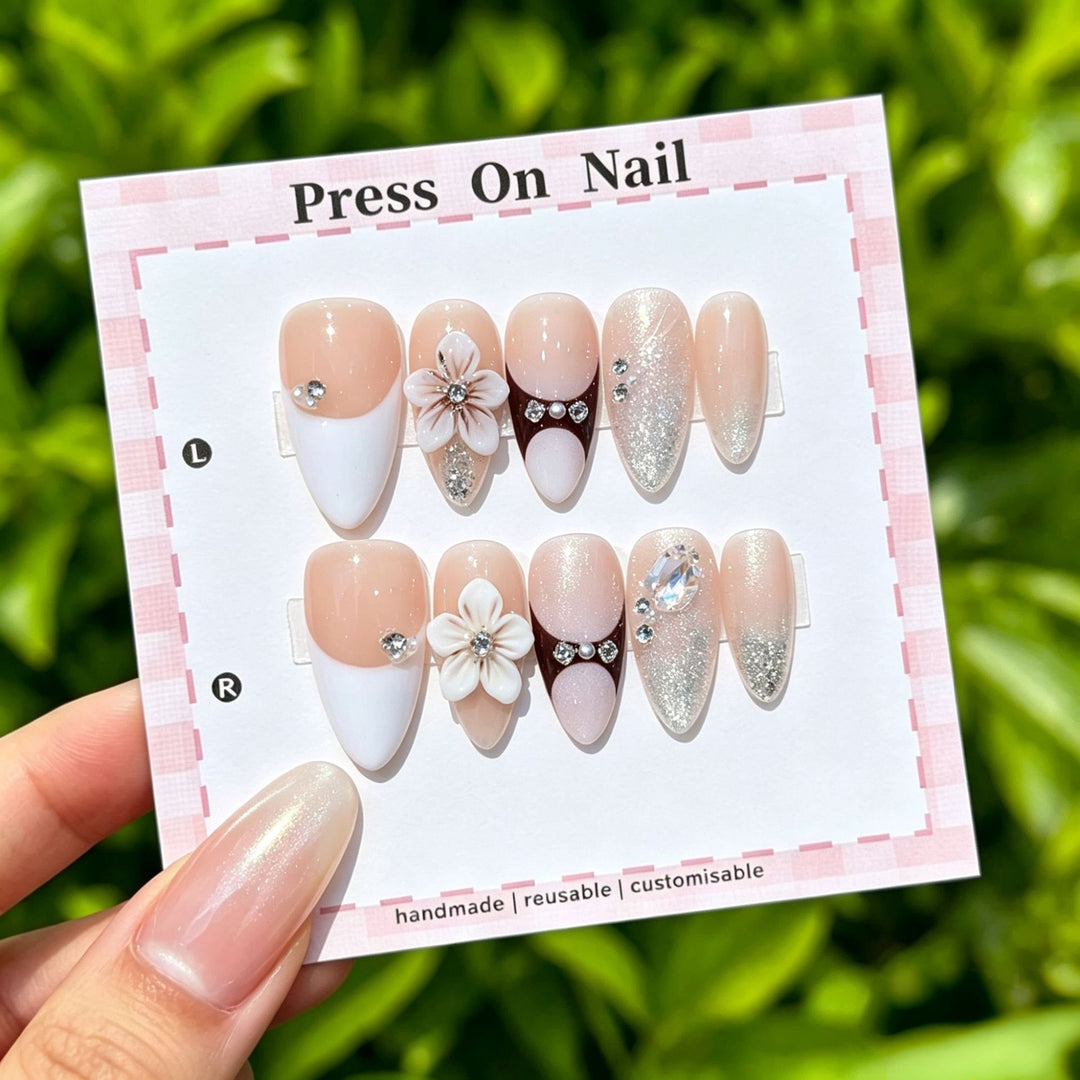 Artistic Press-On Nail Set with Floral and Graphic Designs