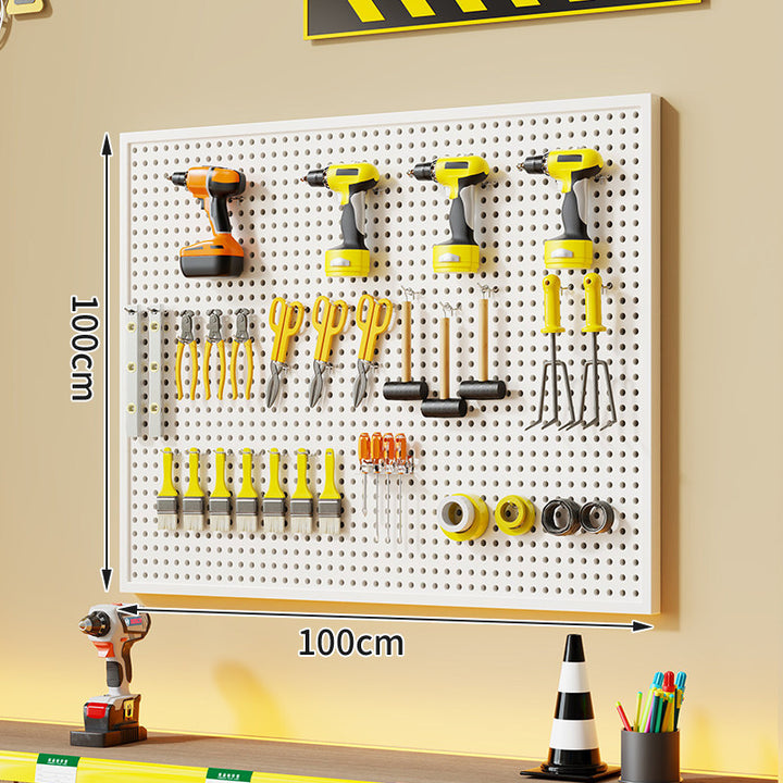 Wall-Mounted Perforated Metal Tool Pegboard Organizer with Magnetic Strip and Multi Hooks