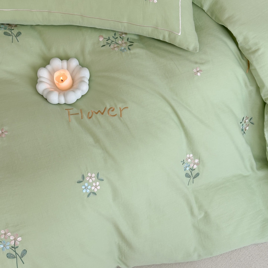 Delicate embroidered cotton bedding set with gentle botanical embroidery and bow ties Kalsten