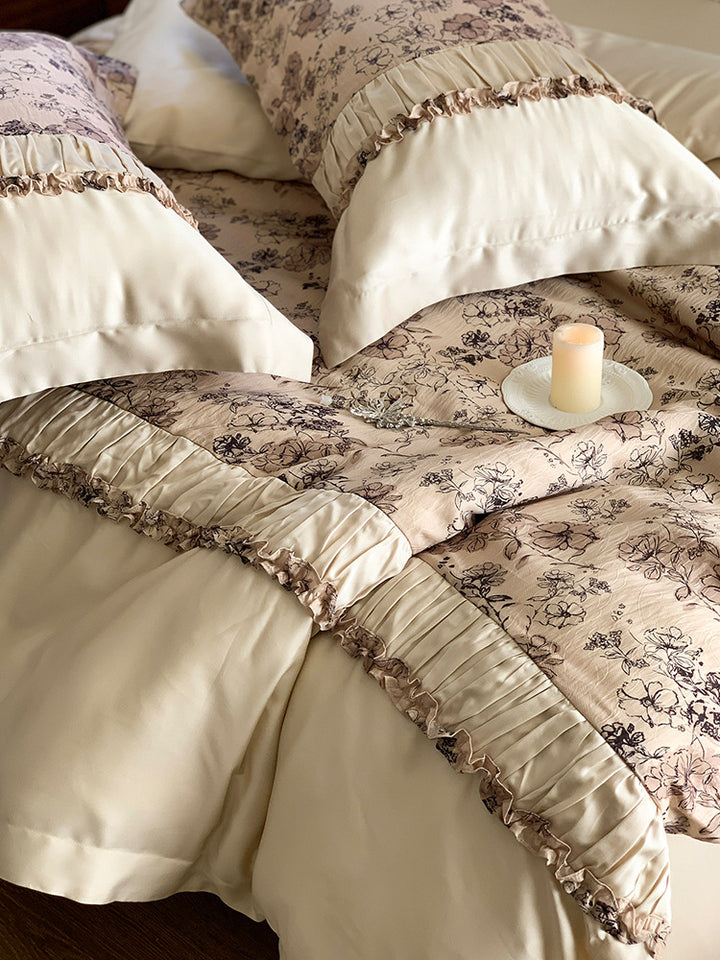 Fine satin bedding set with floral jacquard and pleated ruffle