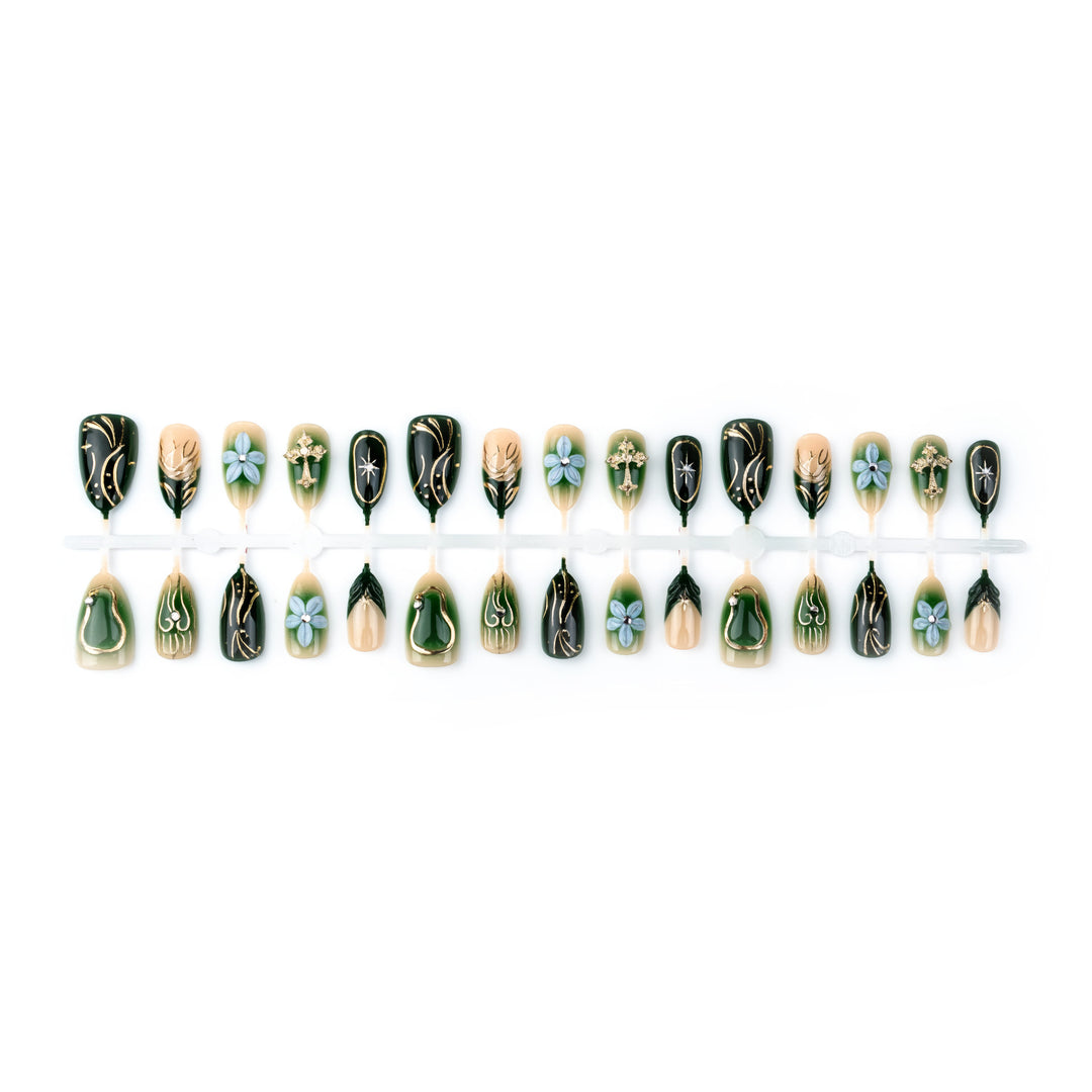 Artistic Press-On Nail Art Set with Floral and Metallic Designs
