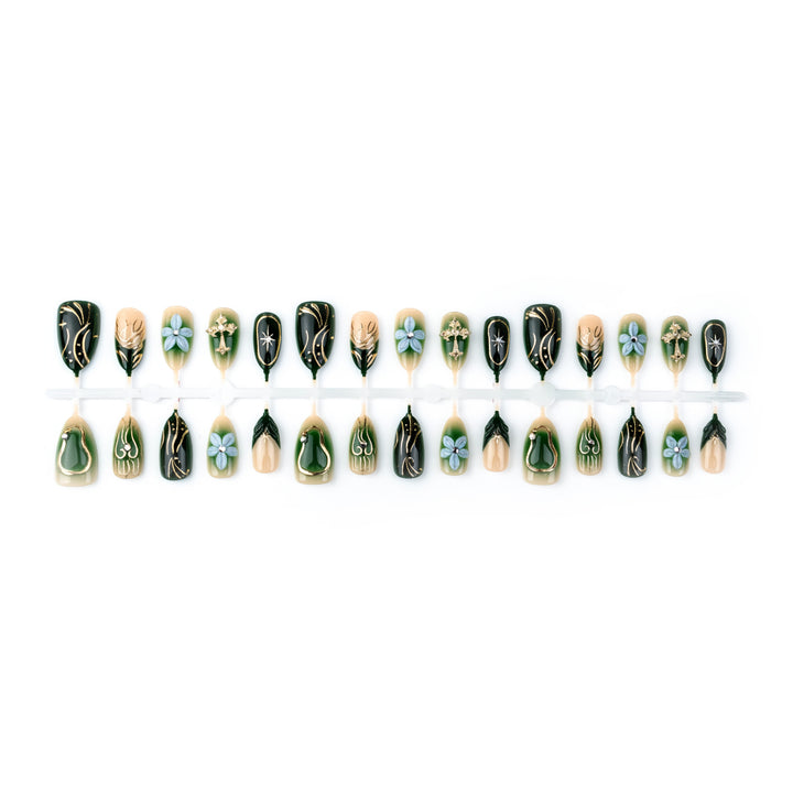 Artistic Press-On Nail Art Set with Floral and Metallic Designs