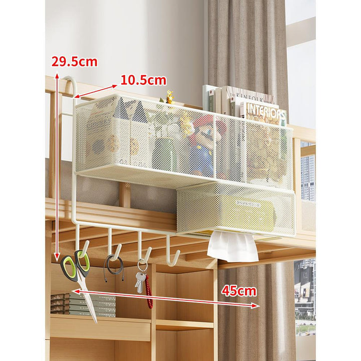 Loft Bed Under-Rail Metal Mesh Organizer with Tissue Box Drawer and Multi Hooks
