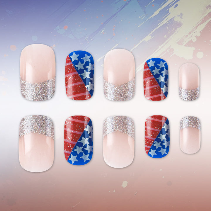 Women's nan patriotic flag patterned press-on nail set with glitter French tips Kalsten