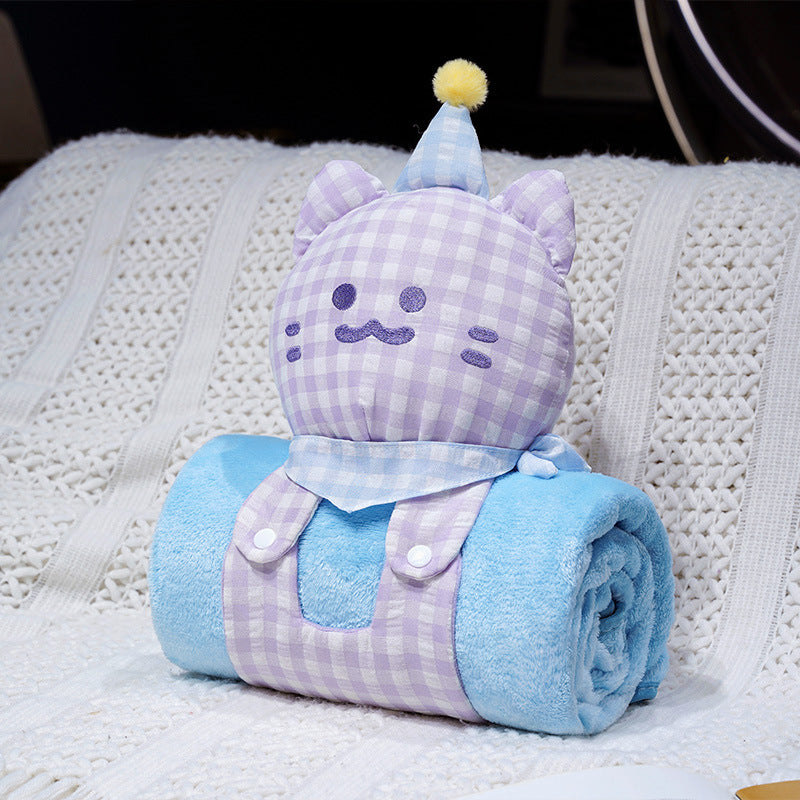 Cozy baby fleece blanket with plush cat head, carrying strap, and roll function