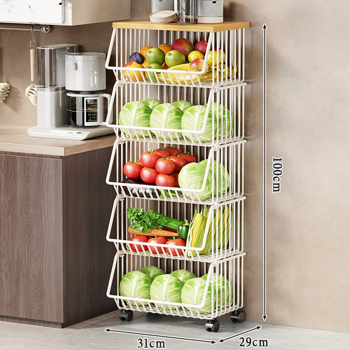 Vertical Five-Tier Rolling Kitchen Produce Storage Cart with Wooden Top and Pull-Out Wire Baskets