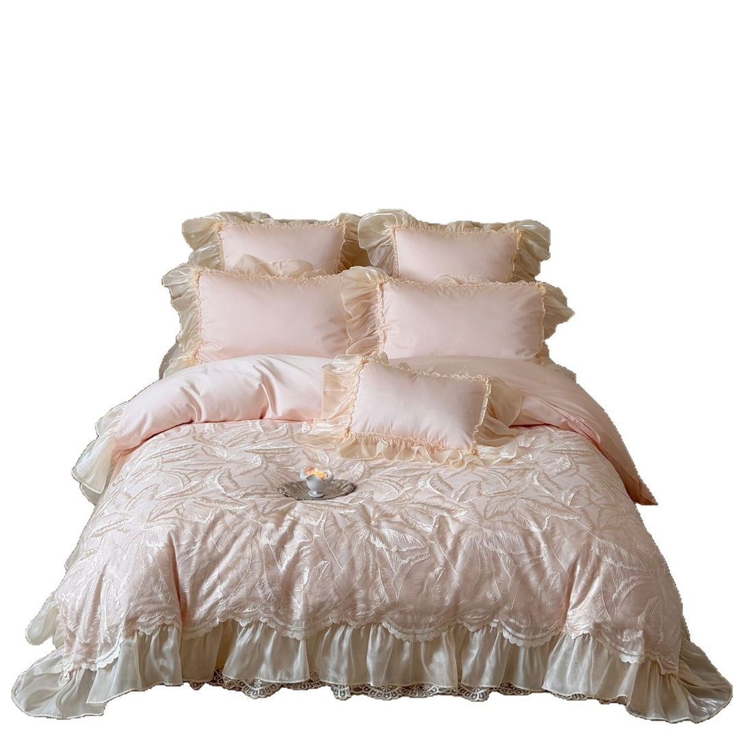 Opulent satin bed set with jacquard-embroidered bedspread and voluminous ruffle hem