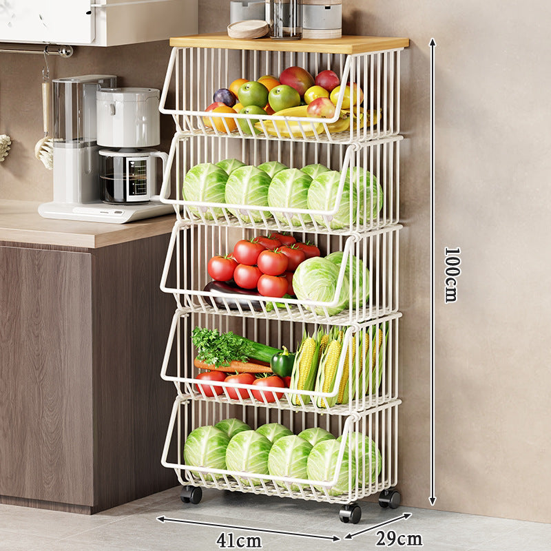 Vertical Five-Tier Rolling Kitchen Produce Storage Cart with Wooden Top and Pull-Out Wire Baskets