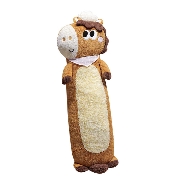 Oversized plush body pillow in cow design with supportive filling and removable cover