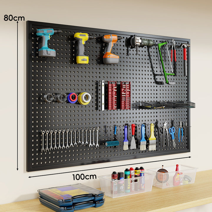Wall-Mounted Perforated Metal Tool Pegboard Organizer Panel with Modular Hooks and Wire Baskets