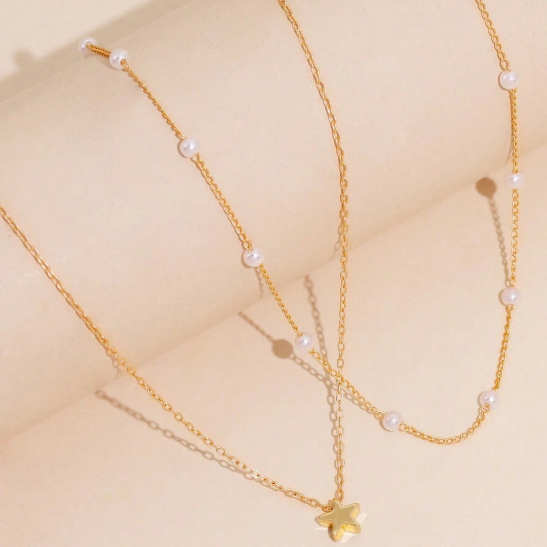 Layered Pearl and Star Charm Necklace Kalsten
