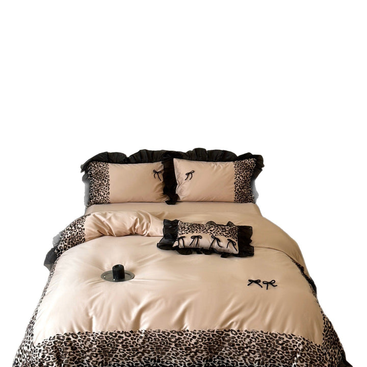 Premium Satin Bed Cover Set with Leopard Accent and Chiffon Ruffle