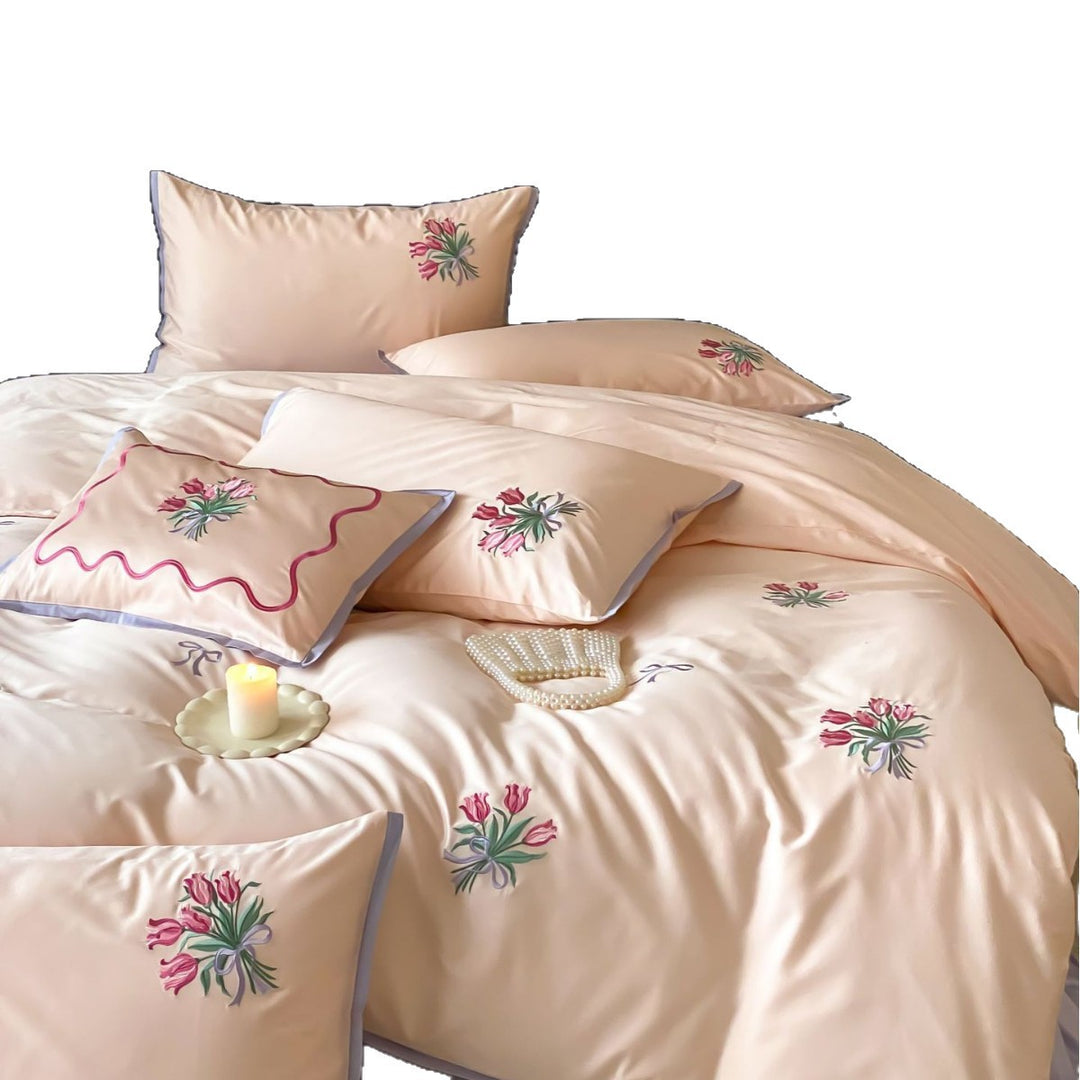 Fine cotton satin bedding set with embroidered tulip bouquets and contrasting piping