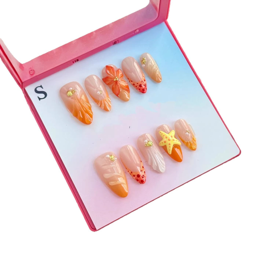Artistic Floral Press-On Nail Set with Ocean-Inspired Accents