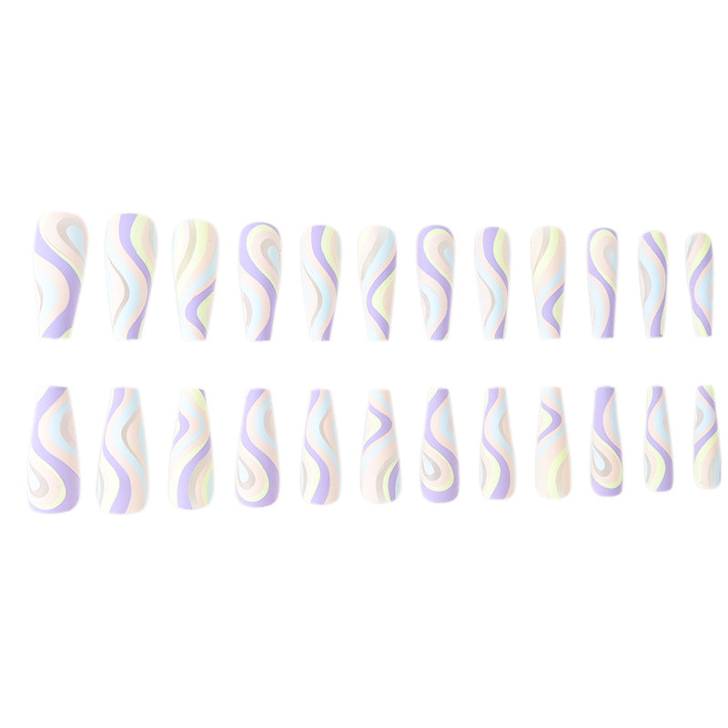 Artistic Long Press-On Nail Set with Colorful Wave Design Kalsten