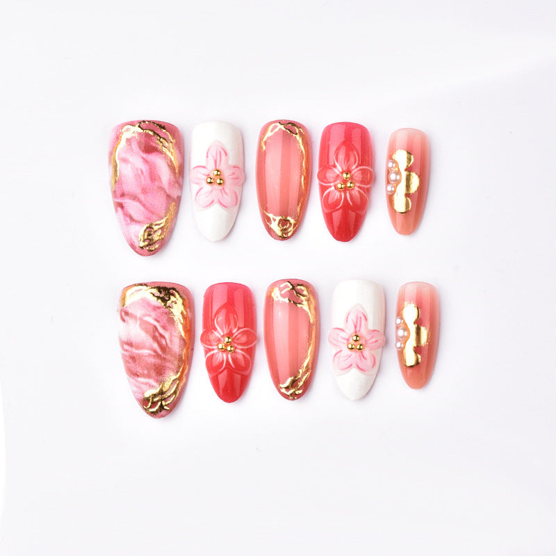 Elegant Floral and Metallic Press-On Nail Art Set Kalsten