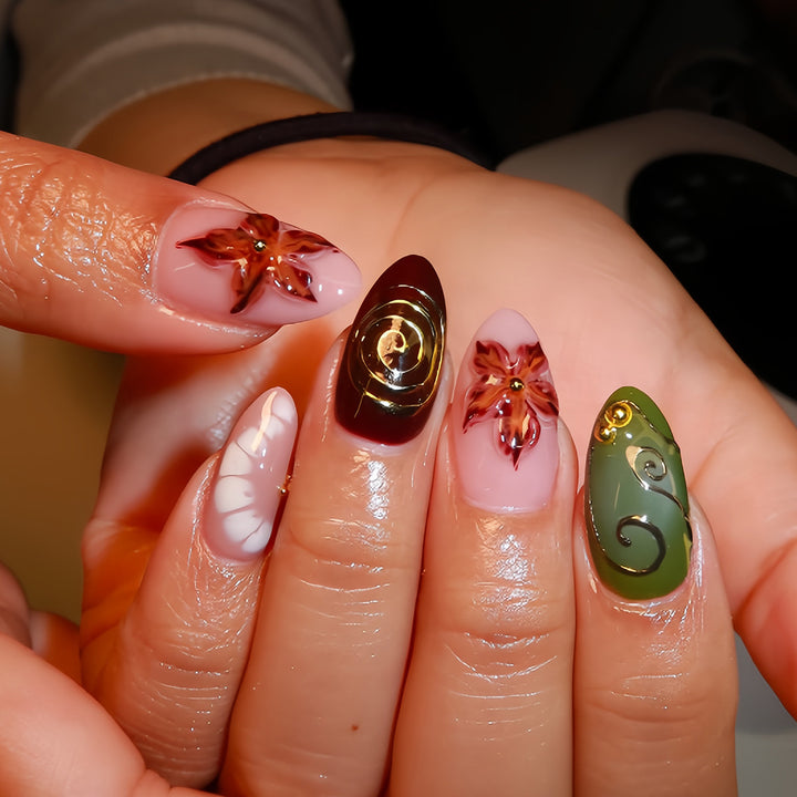 Artificial nails with elegant floral design and noble accents Kalsten