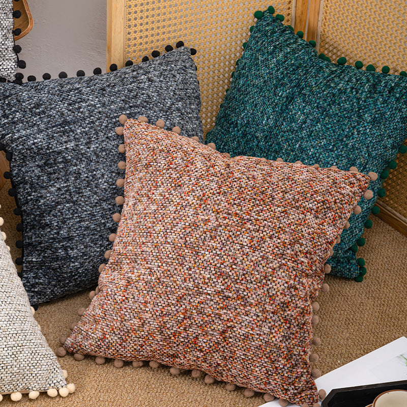 Decorative Textured Bouclé Throw Pillow Set with Pom-Pom Trim