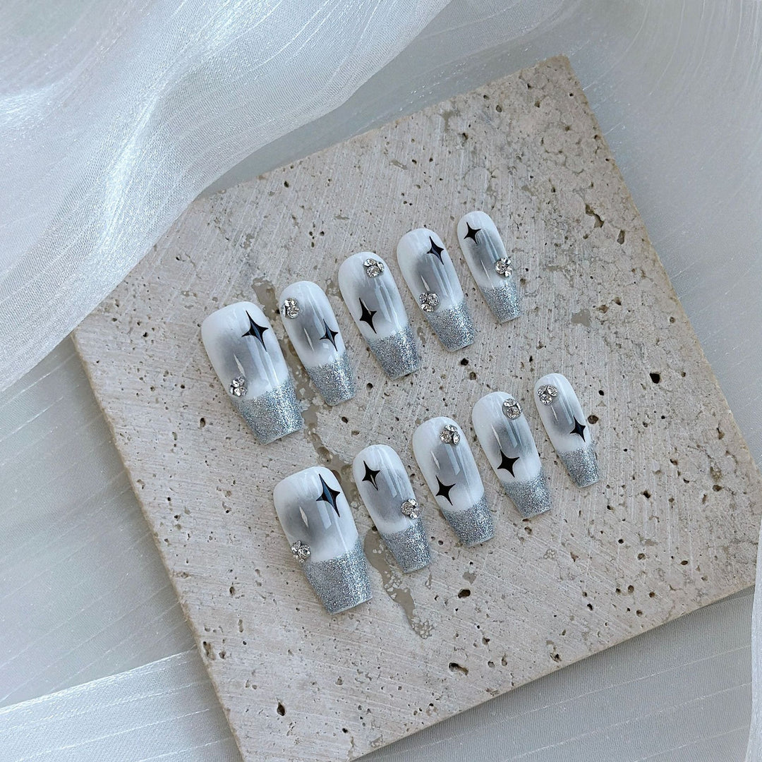 Artistic Press-On Nail Art Set with Heart and Celestial Designs
