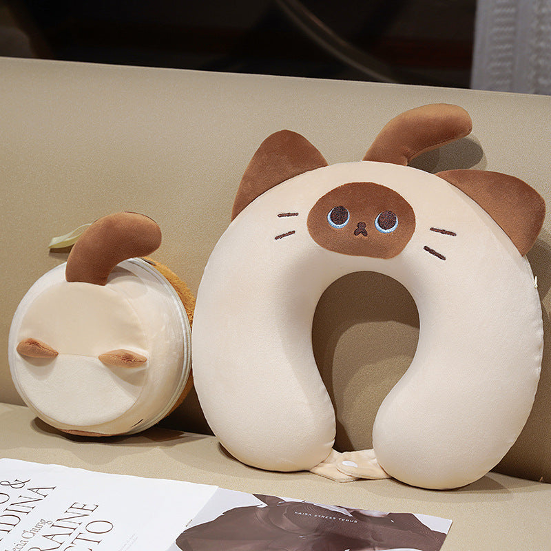 Cozy ergonomic travel pillow with cat design and integrated storage bag