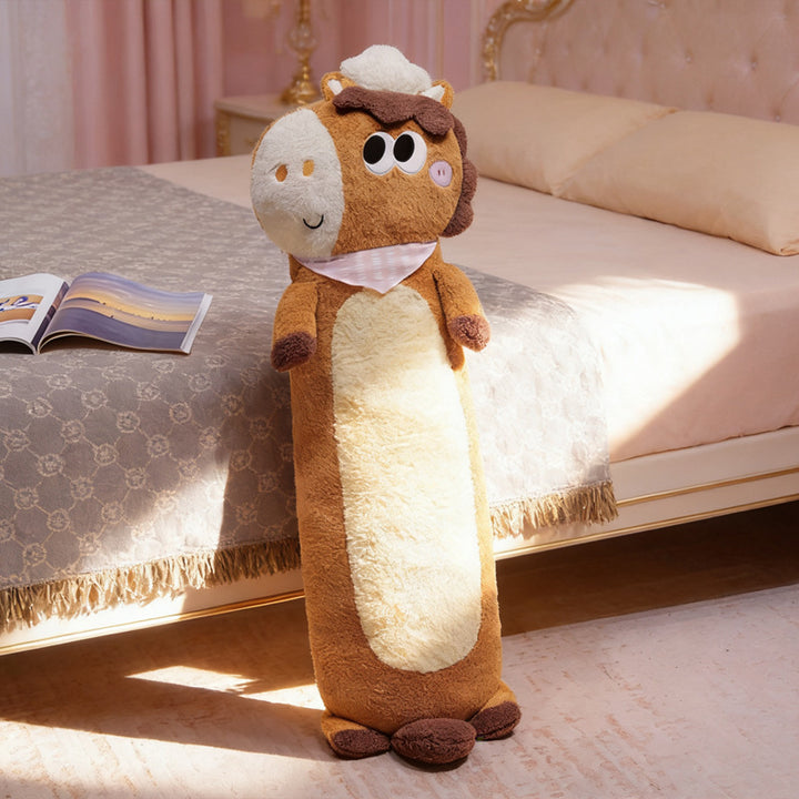 Oversized plush body pillow in cow design with supportive filling and removable cover