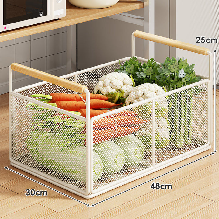 Rolling Mesh Kitchen Storage Cart with Wooden Handles