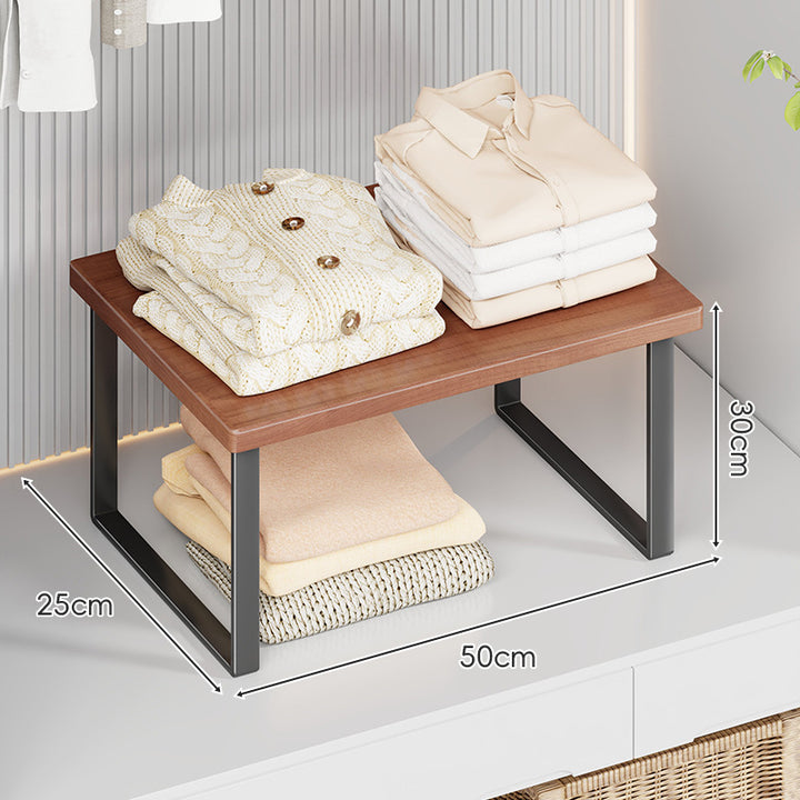 Compact Wooden-Top Metal Shelf Riser for Closet and Countertop