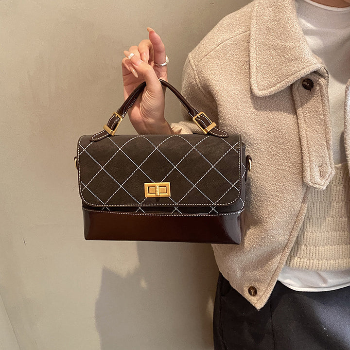 Quilted Suede and Glossy Leather Handheld Satchel