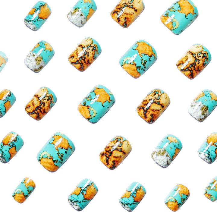 Creative artificial nails with world map inspired design Kalsten