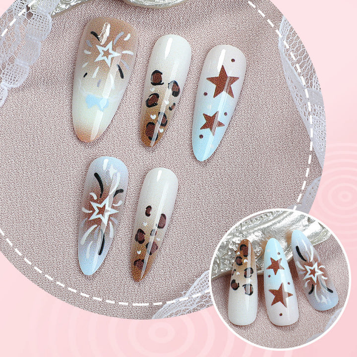 Artistic Stiletto Press-On Nail Art Set with Star and Leopard Accents Kalsten