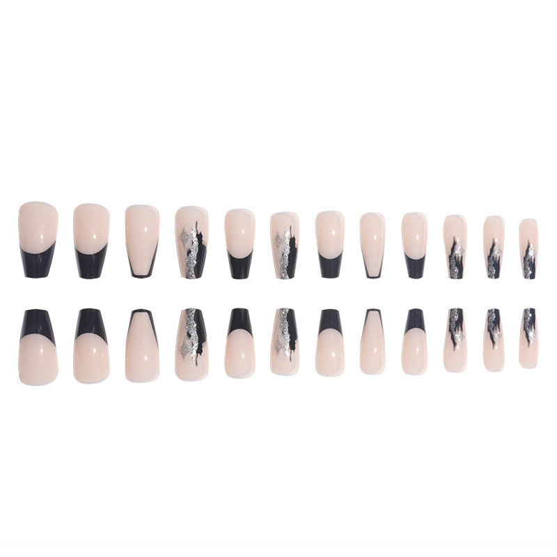 Elegant Stiletto Press-On Nails with Artistic Black Tips and Silver Accents Kalsten