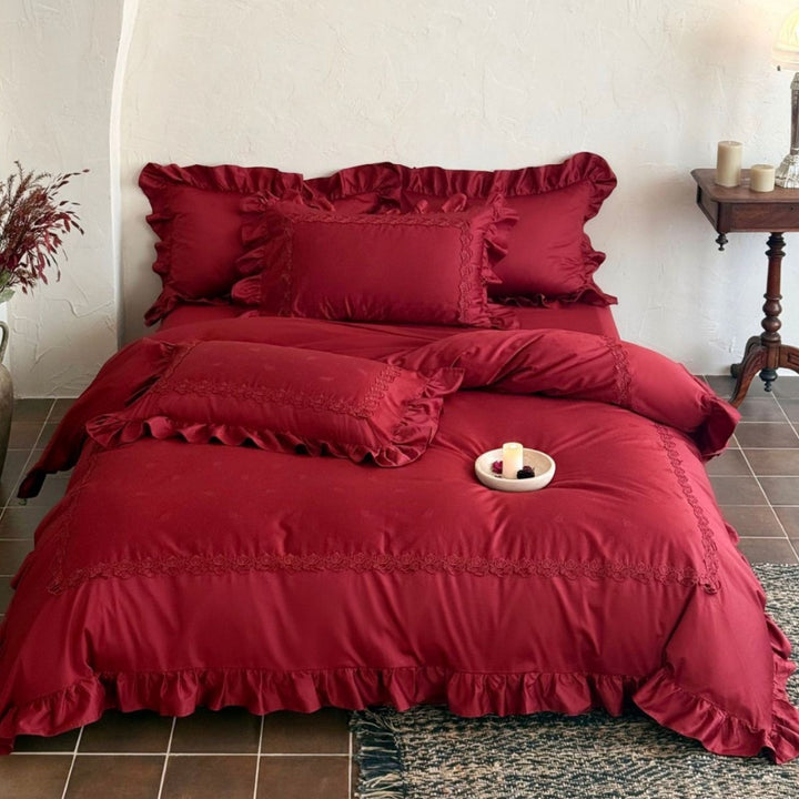 Luxurious bedding set with ruffles and delicate embroidery made of satin cotton