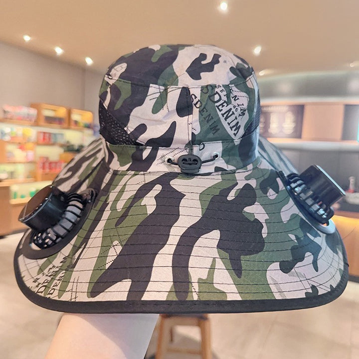 Ventilated sun hat with integrated battery fans, breathable mesh inserts, and adjustable chin strap Kalsten