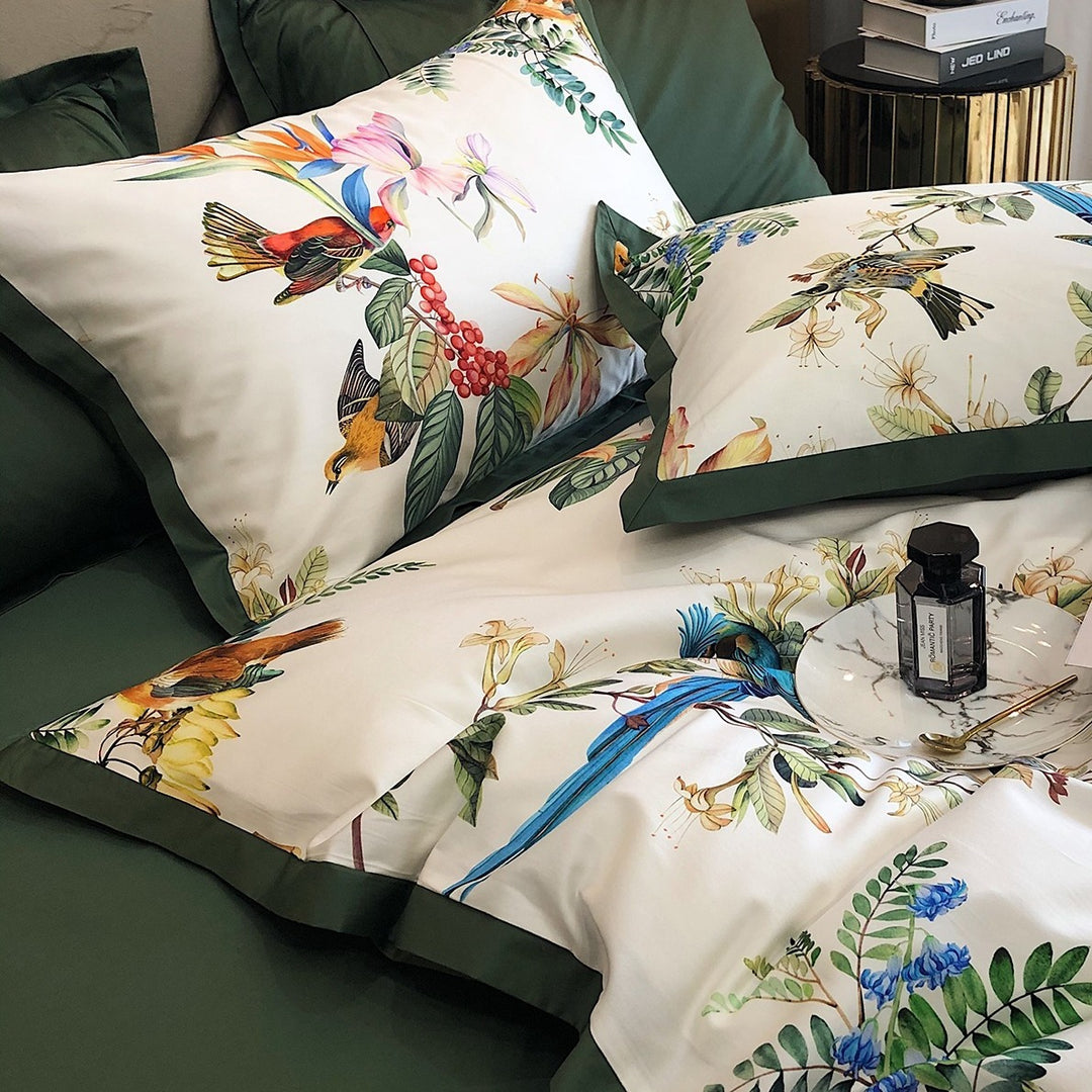 Luxurious cotton satin bedding set with exotic bird and botanical print