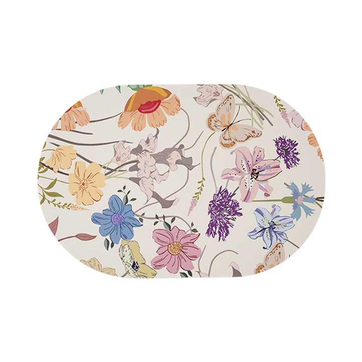 Oval wipeable table set made of vinyl with floral retro pattern and non-slip back Kalsten