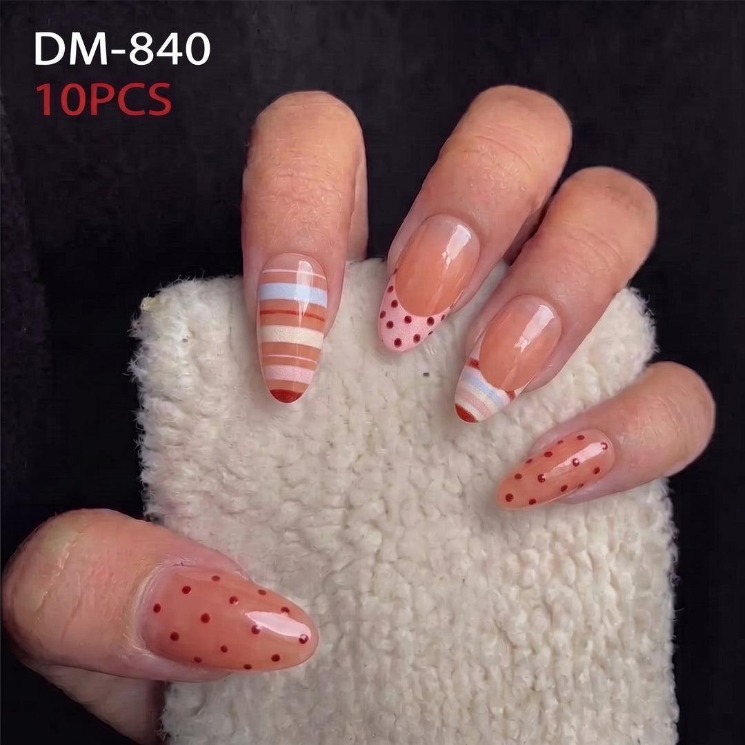 Decorative Press-On Nail Set with Polka Dot and Striped Designs