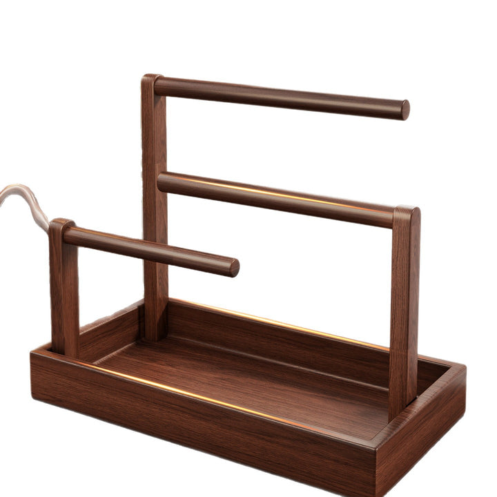 Wooden Tiered Jewelry Display Stand with Triple Rods and Catchall Tray