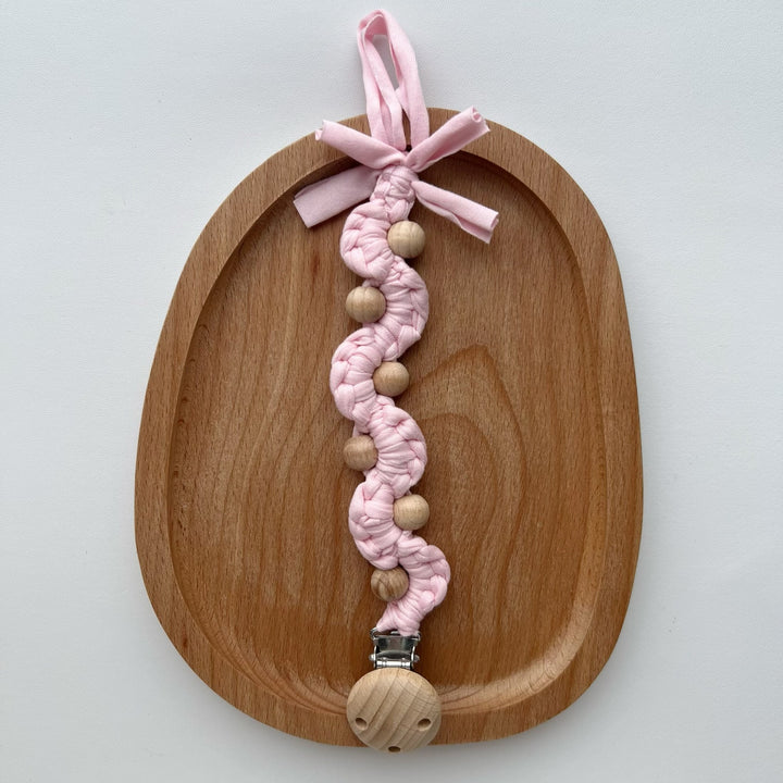 Macrame Boho Wooden-Bead Pacifier Holder Clip with Metal Safety Clamp
