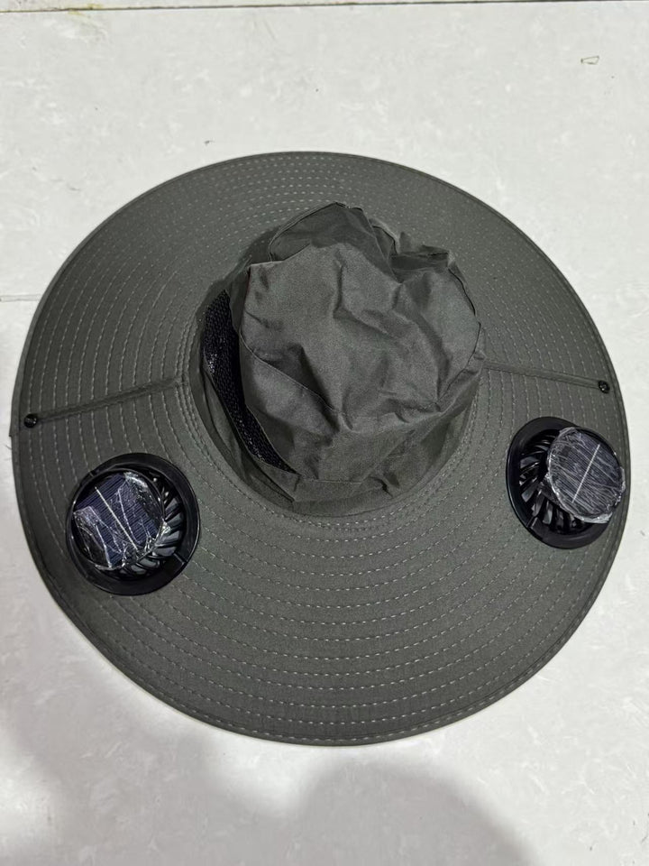 Ventilated sun hat with integrated battery fans, breathable mesh inserts, and adjustable chin strap Kalsten