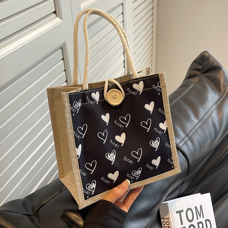 Heart-Patterned Canvas Shopping Tote