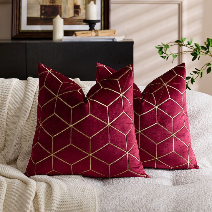 Embroidered Velvet Geometric Square Throw Pillow Cover with Metallic Stitching