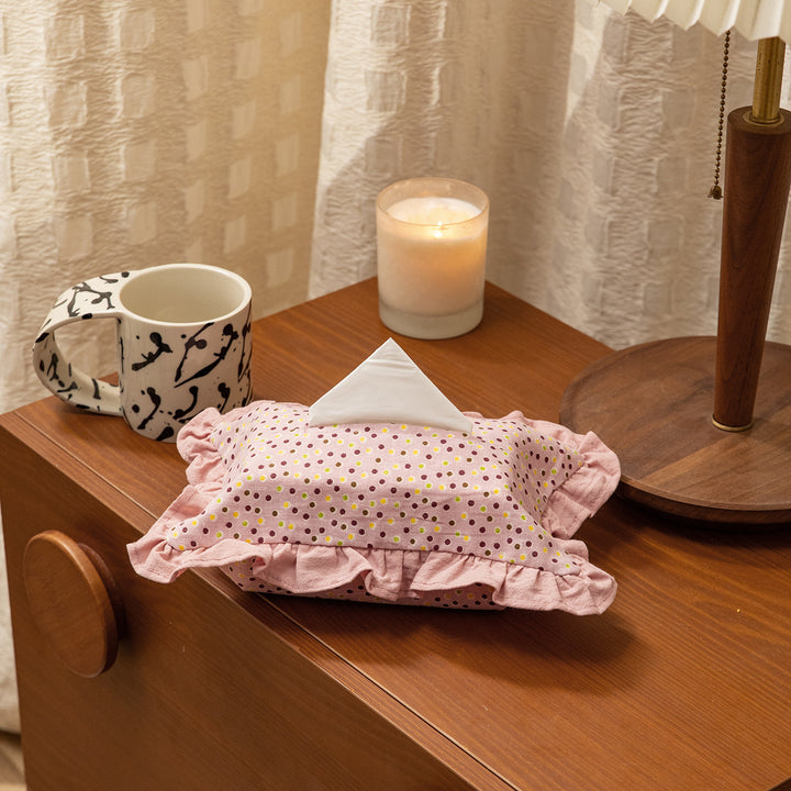 Romantic fabric tissue box cover with ruffles and floral print Kalsten