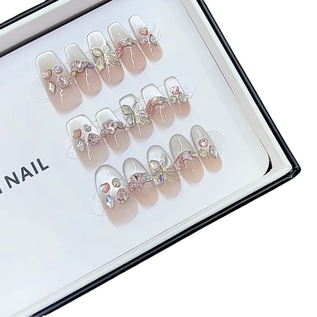 Decorative Artistic Press-On Nail Set with Heart and Bow Accents Kalsten